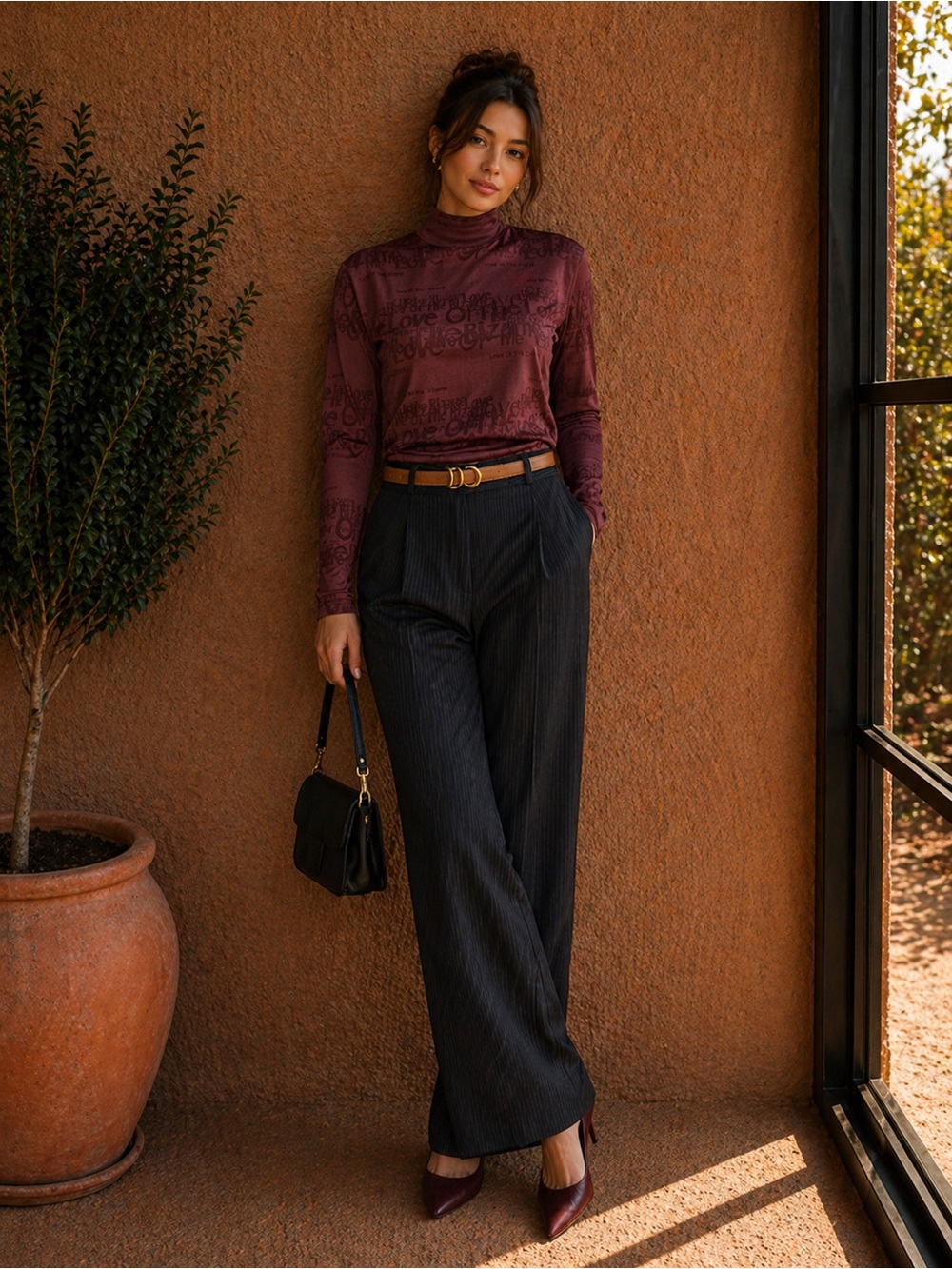 Vintage Patterned Brown Turtleneck Top